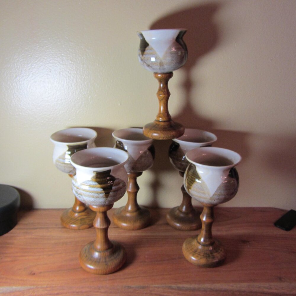 7 oz ceramic & wood stem chalice wine glass goblet vintage - set of 6 (W3783)